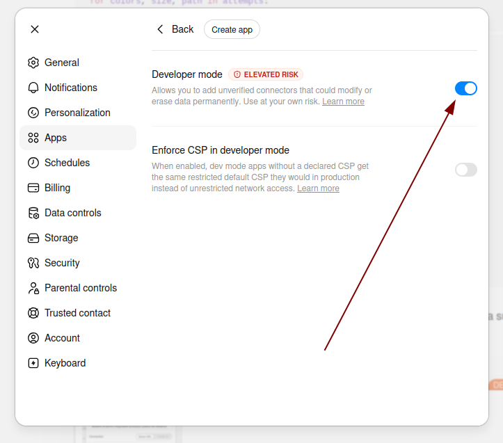 Activează Developer mode — captură de ecran ChatGPT