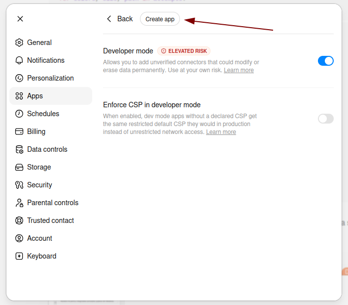 Apasă Create app — captură de ecran ChatGPT